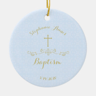 Gold Cross and Laurels in Light Blue Ceramic Ornam Ceramic Tree Decoration