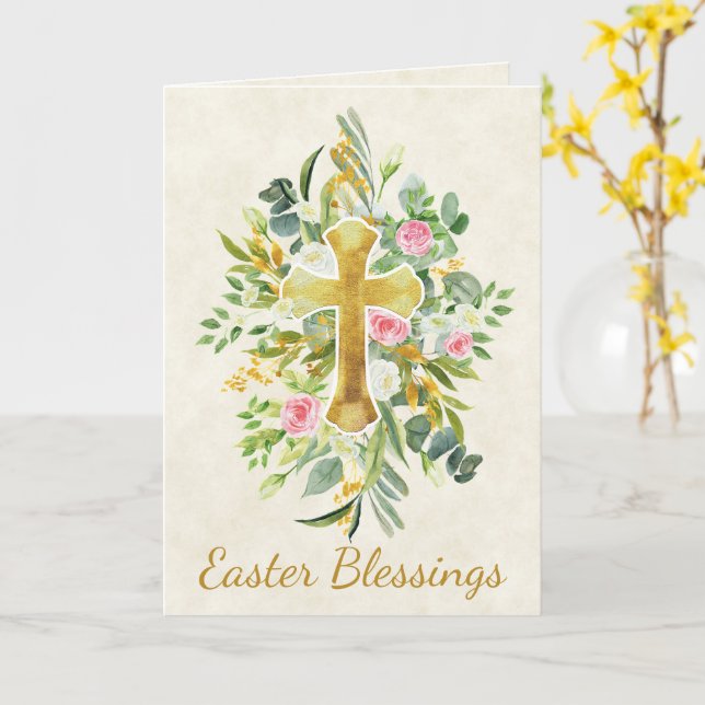 Gold cross and pink roses custom Easter Card (Yellow Flower)