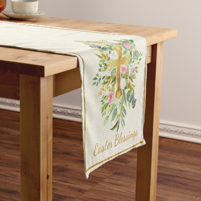 Gold cross and pink roses custom Easter  Short Table Runner (In Situ)
