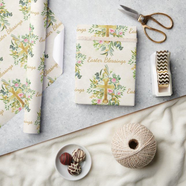 Gold cross and pink roses custom Easter  Wrapping Paper (Crafts)
