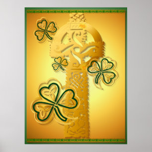 Gold Cross and Shamrocks Poster