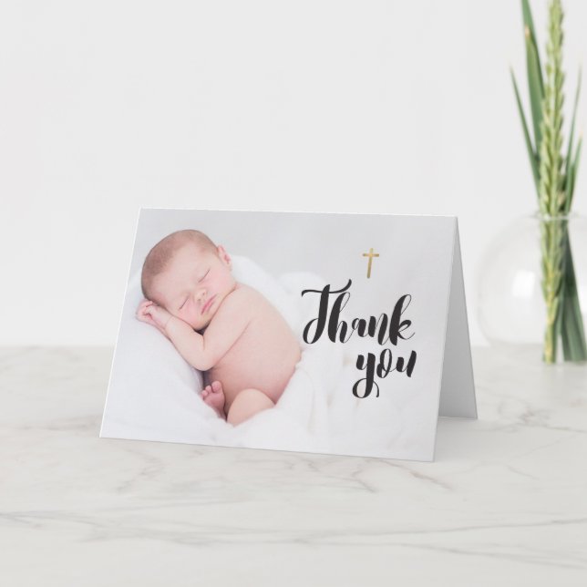 Gold Cross Baby Christening Thank you Photo Card (Front)