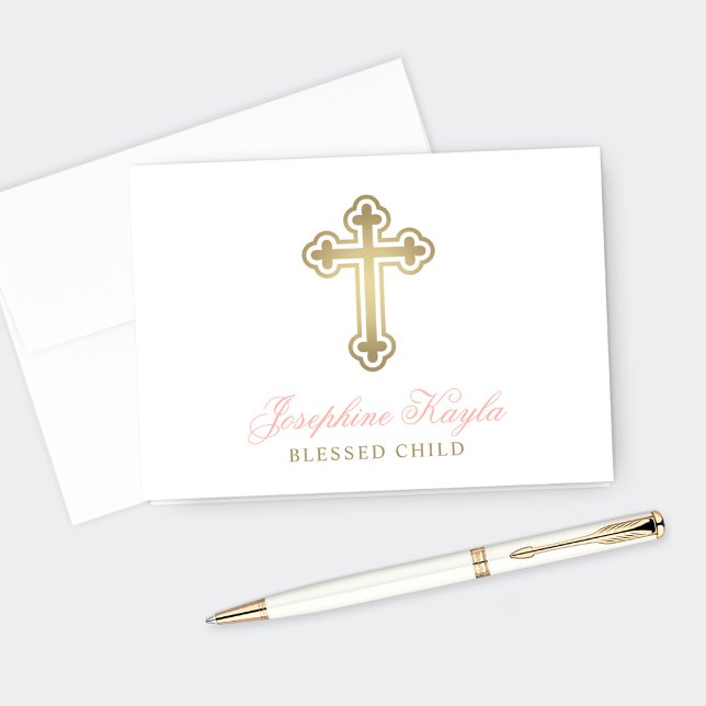 Gold Cross Baby Girl Baptism Pink Blessed Thank You Card (Creator Uploaded)