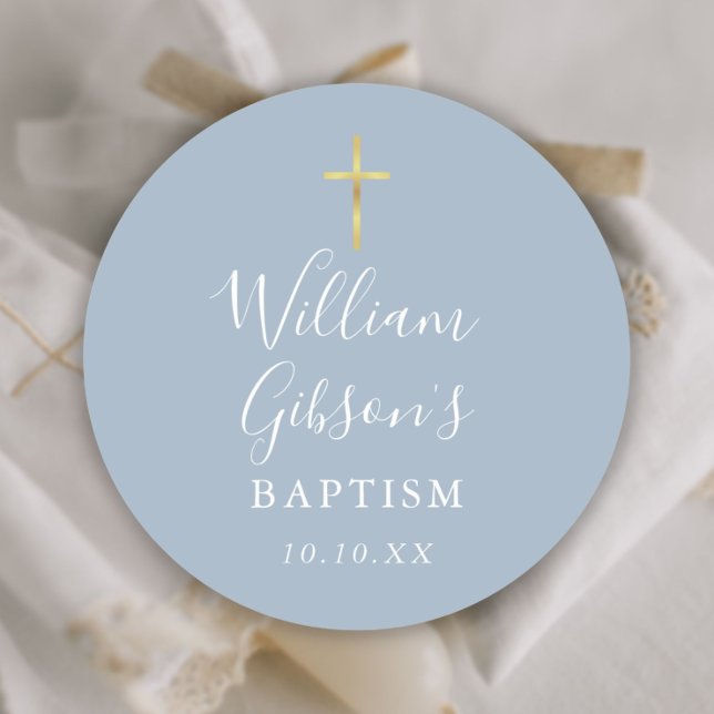 Gold Cross Baptism Christening Dusty Blue Classic Round Sticker (Creator Uploaded)
