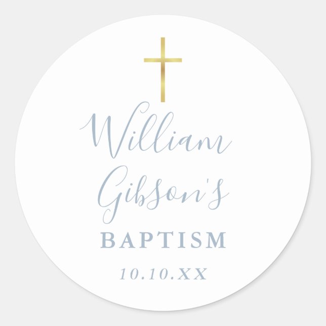 Gold Cross Baptism Christening Dusty Blue Classic Round Sticker (Front)