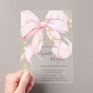 Gold Cross Baptism Gold Glitter Pink Bow Acrylic Invitations