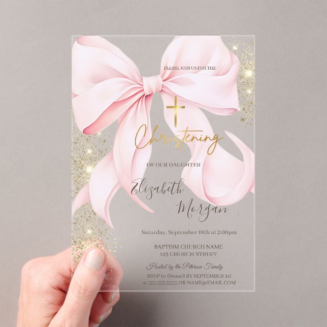Gold Cross Baptism Gold Glitter Pink Bow Acrylic Invitations (Insitu (Handheld))