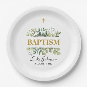 Gold Cross Baptism Paper Plate