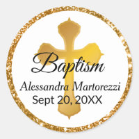 Gold Cross Baptism Sticker Glitter Edge Round