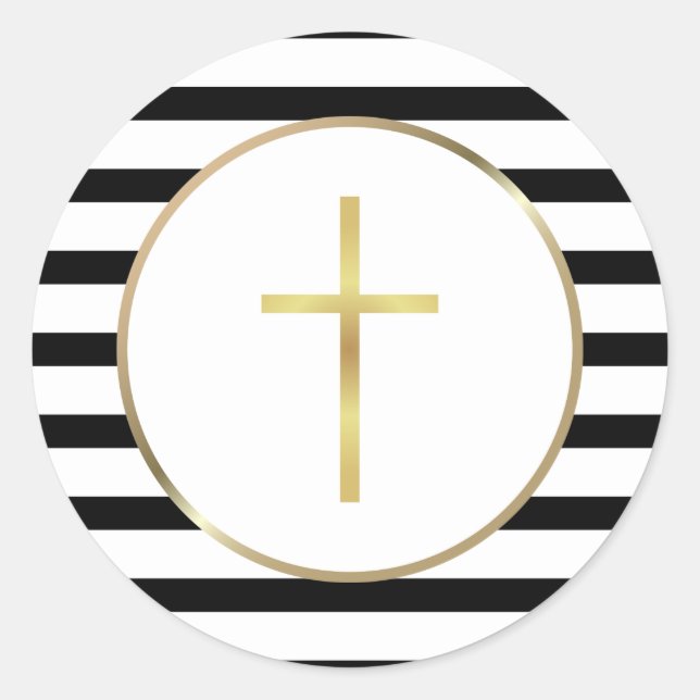 Gold Cross Black and White Stripe Classic Round Sticker (Front)