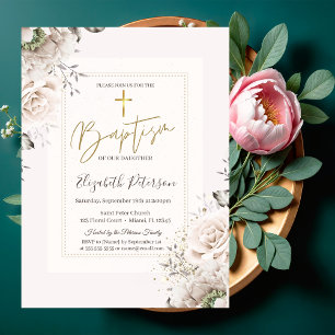 Gold Cross Blush Roses Baptism Invitation