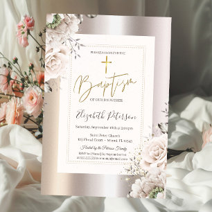 Gold Cross Blush Roses Rose Gold Baptism Invitation