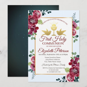 Gold Cross Burgundy Flowers First Holy Communion   Invitation