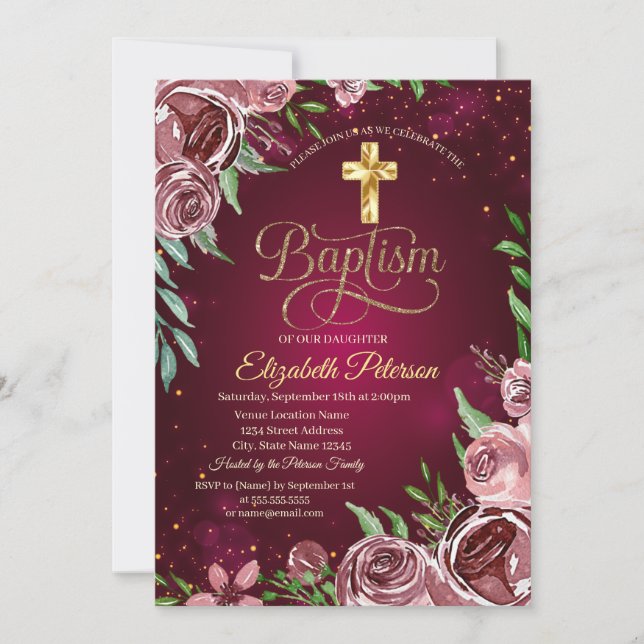 Gold Cross Burgundy Roses Baptism Invitation (Front)