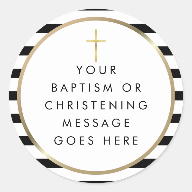 Gold Cross Chic Stripe Baptism Christening Message Classic Round Sticker (Front)