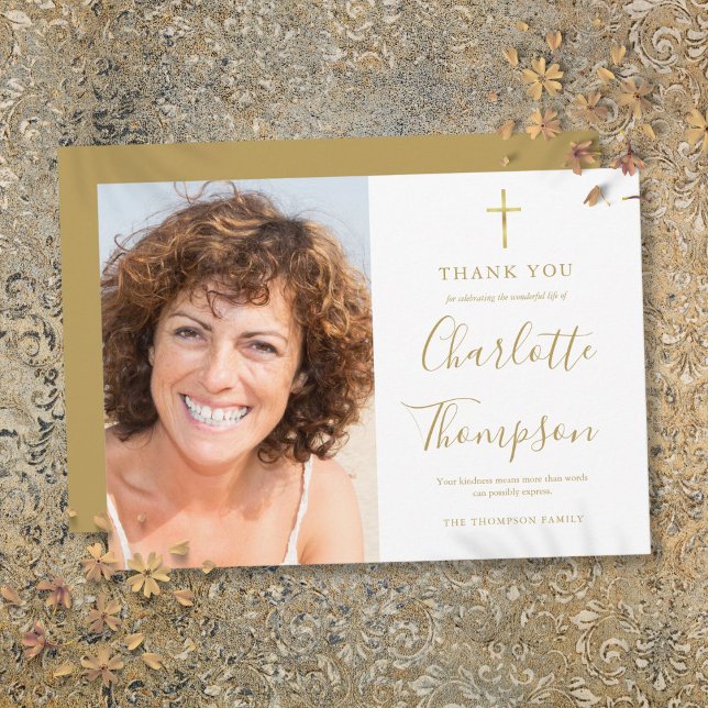 Gold Cross Christian Memorial Funeral Photo Thank You Card (Gold Cross Christian Memorial Funeral Photo Thank You Card)