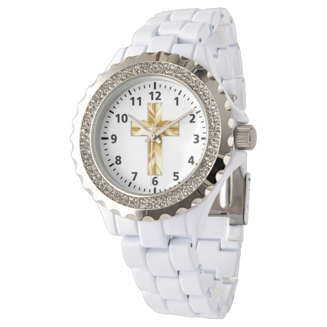 Gold Cross Custom Rhinestone White Enamel Watch (Angled)