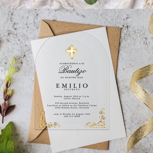Gold Cross De Bautizo Spanish Gender Neutral White Acrylic Invitations (Gold Cross De Bautizo Spanish Gender Neutral White Acrylic Invitations)