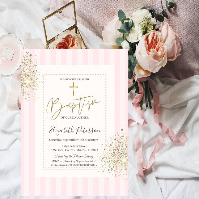Gold Cross Diamond Dust Pink Striped Baptism Invitation (Creator Uploaded)