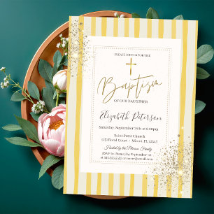 Gold Cross Diamond Yellow Striped Baptism Invitation