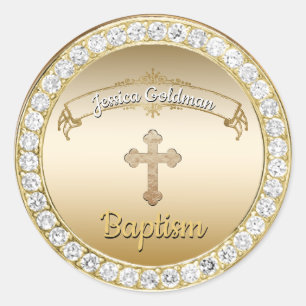 Gold Cross Diamonds Baptism Christening Classic Round Sticker