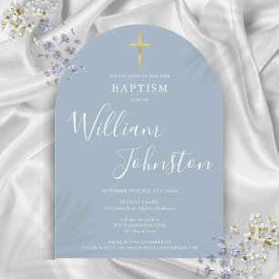 Gold Cross Dusty Blue Arch Baptism Christening  Invitation