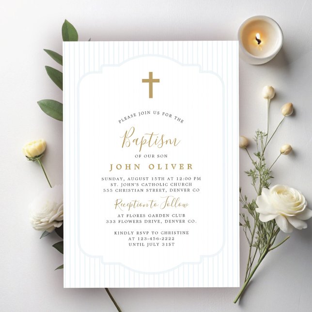 Gold cross elegant blue boy baptism invitation (Creator Uploaded)