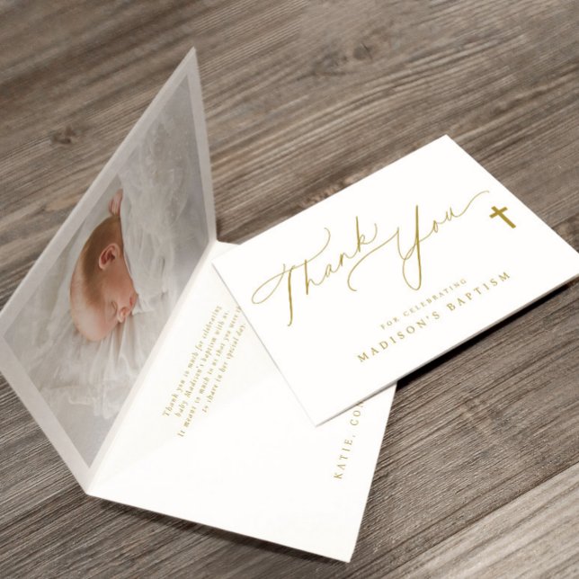 Gold Cross Elegant Photo Baptism Thank You Card (Baptism thank you cards - elegant gold cross simple design with baby's photo on inside of card.)