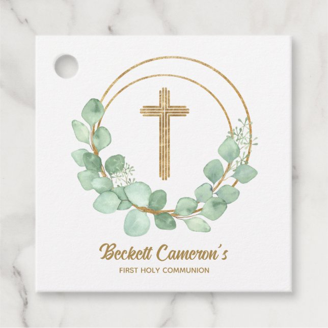 Gold Cross Eucalyptus Communion Favour Tags (Front)