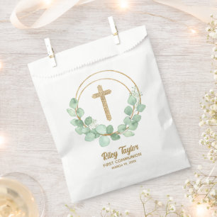 Gold Cross Eucalyptus First Communion Favour Bags