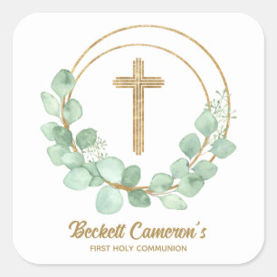 Gold Cross Eucalyptus Wreath Communion Square Sticker
