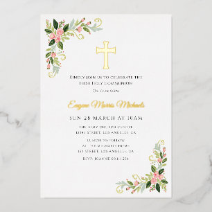 Gold cross floral first communion invitation foil 