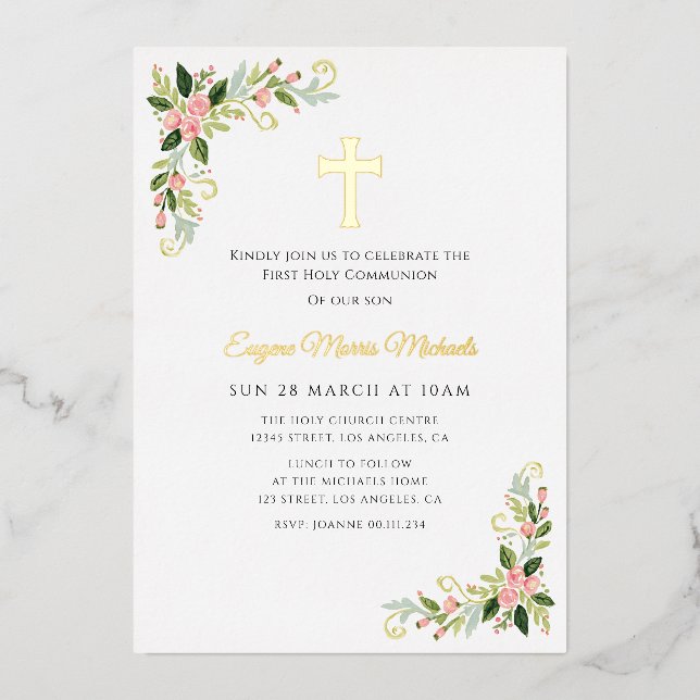 Gold cross floral first communion invitation foil  (Front)