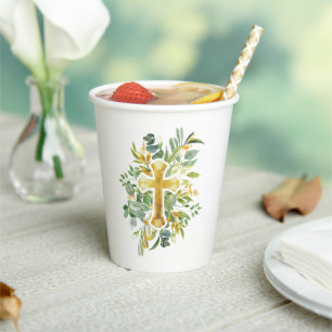 Gold Cross Floral Watercolor Baptism 1st Communion Paper Cups