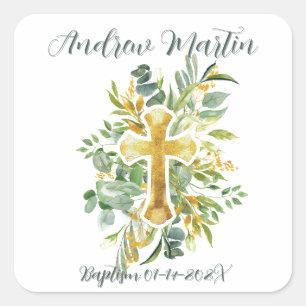 Gold Cross Floral Watercolor Baptism 1st Communion Square Sticker