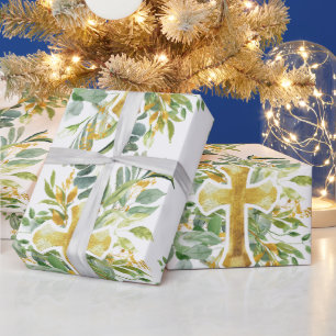 Gold Cross Floral Watercolor Baptism 1st Communion Wrapping Paper