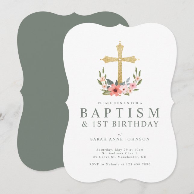 Gold Cross Floral Wreath Baby 1st Birthday Baptism Invitation (Front/Back)