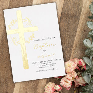 Gold Cross Floral Wreath Religious Simple Baptism 