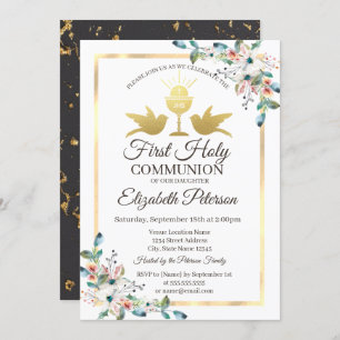 Gold Cross Frame Floral First Holy Communion  Invitation