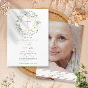 Gold Cross Garland Celebration of Life Photo Invitation