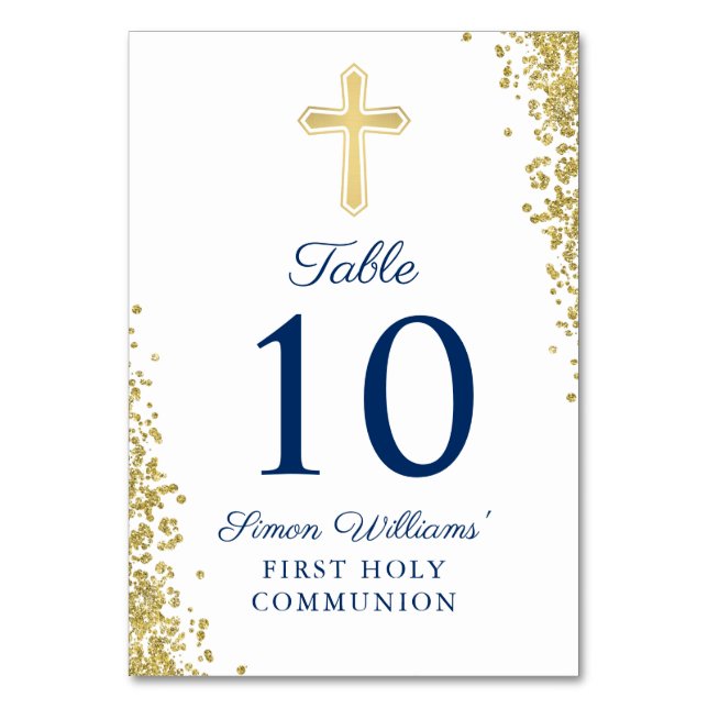 Gold Cross Glitter Navy Blue First Holy Communion Table Number (Front)