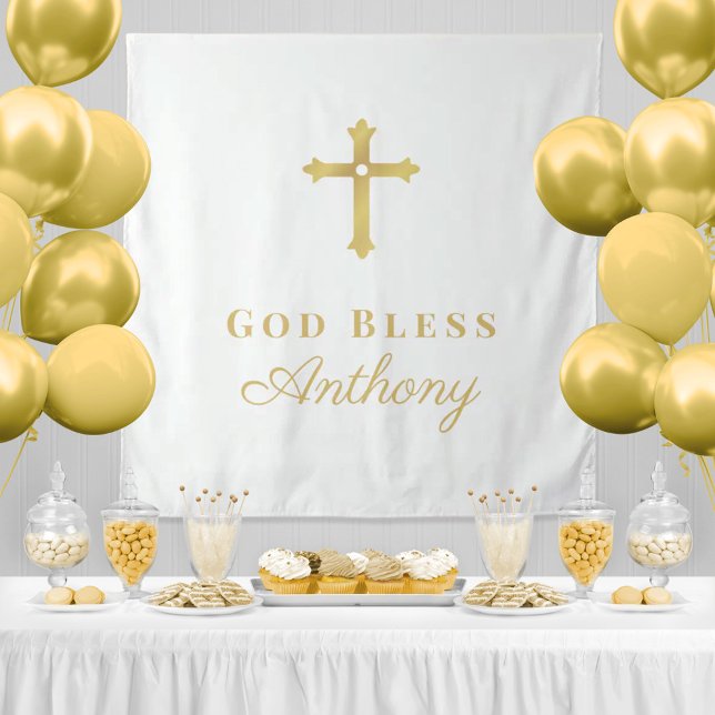 Gold Cross God Bless Baby Custom Baptism Tapestry (Creator Uploaded)
