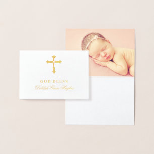 Gold Cross God Bless Baby Girl Baptism Foil Card