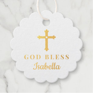 Gold Cross God Bless Baby Religious Baptism Favour Tags