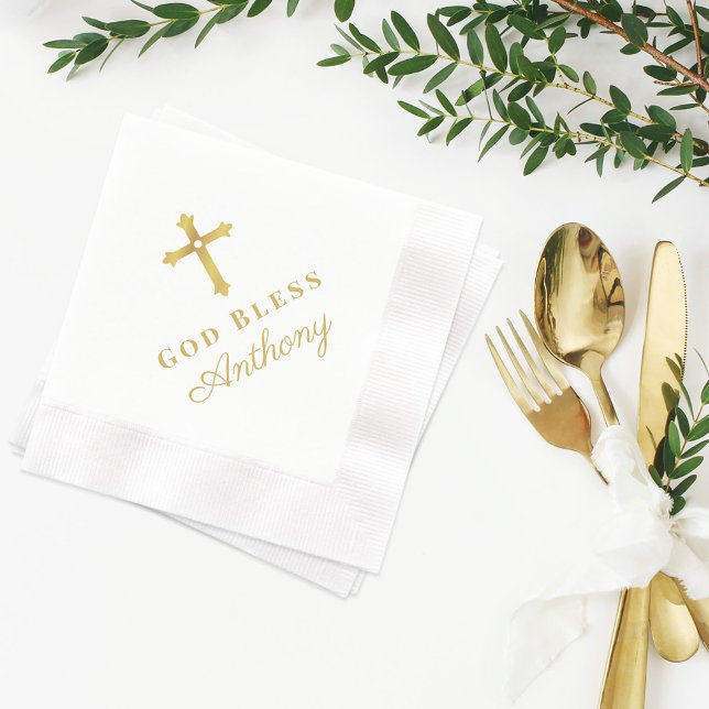 Gold Cross God Bless Baby Religious Baptism Napkin (Creator Uploaded)