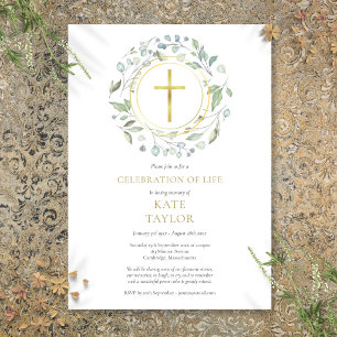 Gold Cross Greenery Garland Celebration of Life Invitation