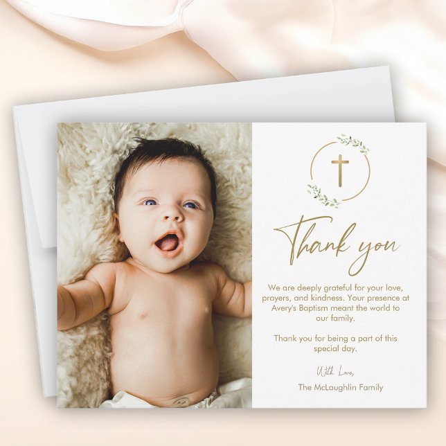 Gold Cross Greenery Wreath Baptism Photo Thank You (Baptism thank you photo baby card, gold cross, botanical wreath.)