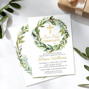 Gold Cross Greenery Wreath First Holy Communion Invitation