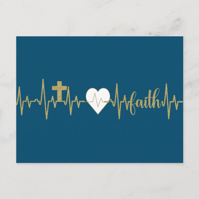 Gold Cross, Heart, Faith Heartbeat-Christian Postcard (Front)
