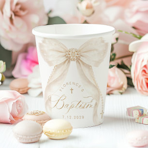 Gold Cross Ivory Bow Elegant Baptism Paper Cups